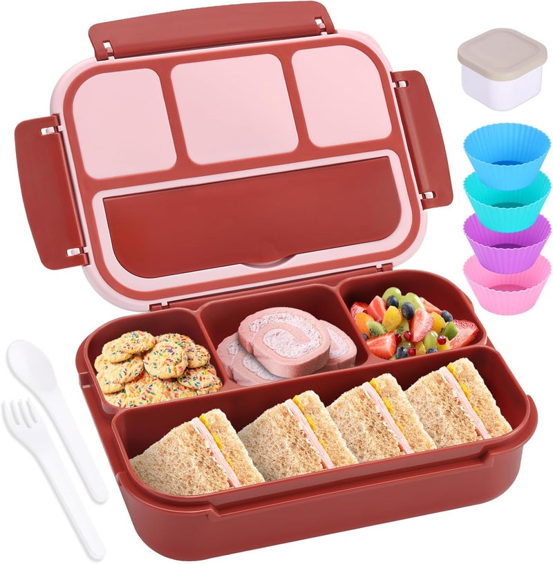 shell and turtle Bento Box Adult Lunch Box, Lunch Containers for Kids Girls Boys with 4 Compartments, Lunchable Food Container with Utensils, Sauce Jar, Muffin Liners, 40 Oz/5 Cup, Retro Red - Image 1